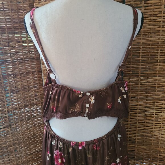Old Navy Satin Maxi Dress L Brown pink white floral Halter Style Top Open Back - Picture 4 of 6
